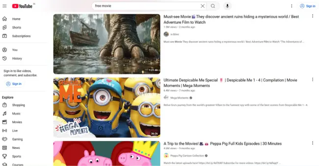YouTube (Free Movies & Shows Section)