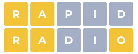 (Image 2: A screenshot showing the result of the first guess "RAPID," with 'R' and 'A' in yellow.)