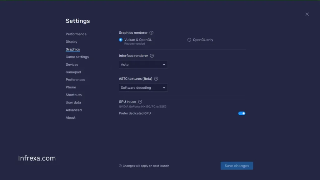 BlueStacks 10 Graphics settings menu