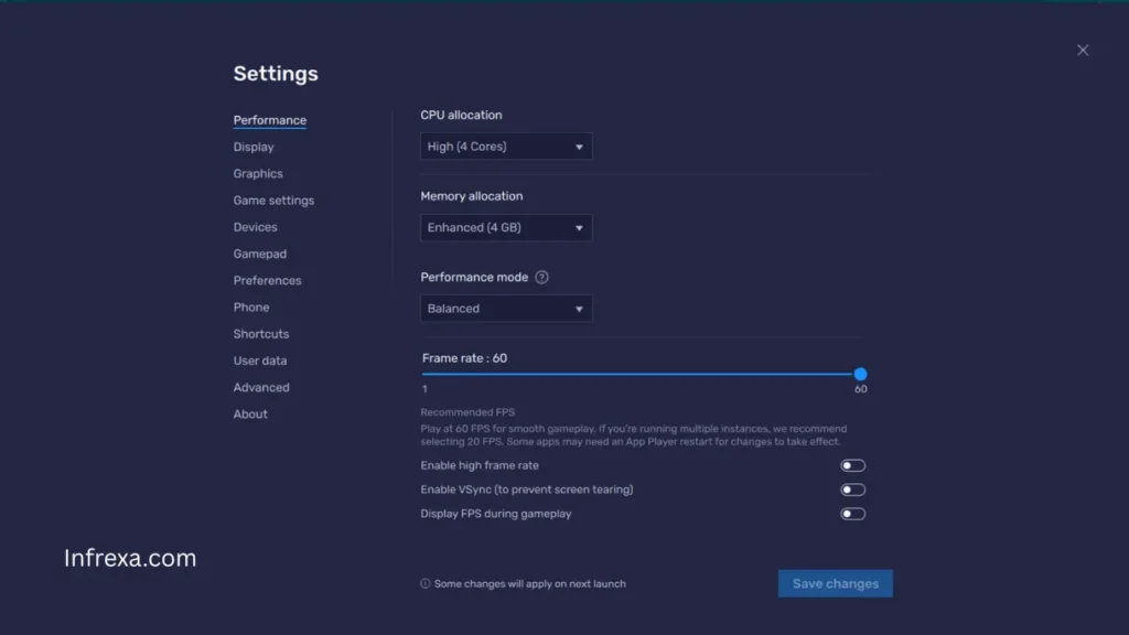 Screenshot: Showing CPU allocation, Memory allocation, Performance Mode and Frame rate Settings