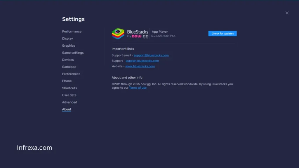 Screenshot Showing 'Check for updates' button under Settings