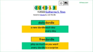 Dordle game interface showing two simultaneous Wordle boards with colored feedback tiles, demonstrating the double-word puzzle challenge
