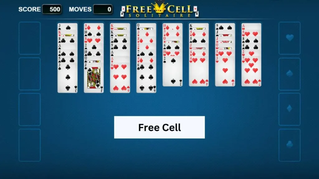 Screenshot of FreeCell Solitaire showing tableau columns, free cells, and home cells setup